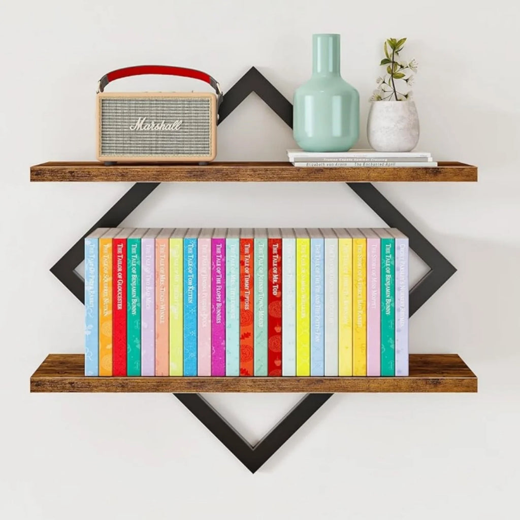 Rectangle Shape Steel + Wood Wall Shelf Bookshelf 2-Tier Hanging Shelves 15 Inch Wall Mounted Floating Shelves Bathroom Living