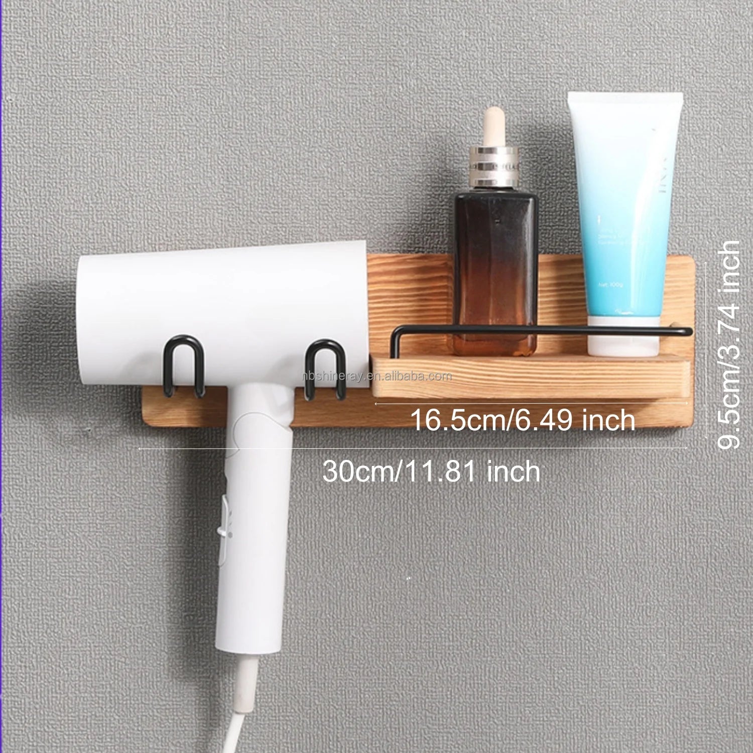 Wall-Mounted Modern Multifunction Hair Dryer Holder Rack Sturdy Storage Organizer Space-Saving Design Easy Clean Wooden Shelves