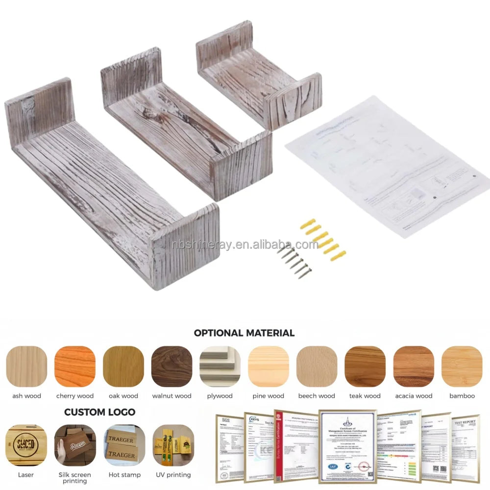 3 Tier Industrial Rustic Finish Wood Floating Rectangle Wall Shelves Easy Assembly U Shape Shelves for Bedrooms Bathrooms Easter