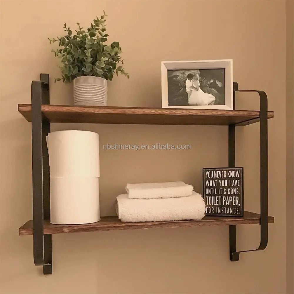 2 Tier Wall Mounted Steel & Wood Storage Shelves Industrial Design Coated Finish Floating Shelves for Bathroom Toiletries Decor