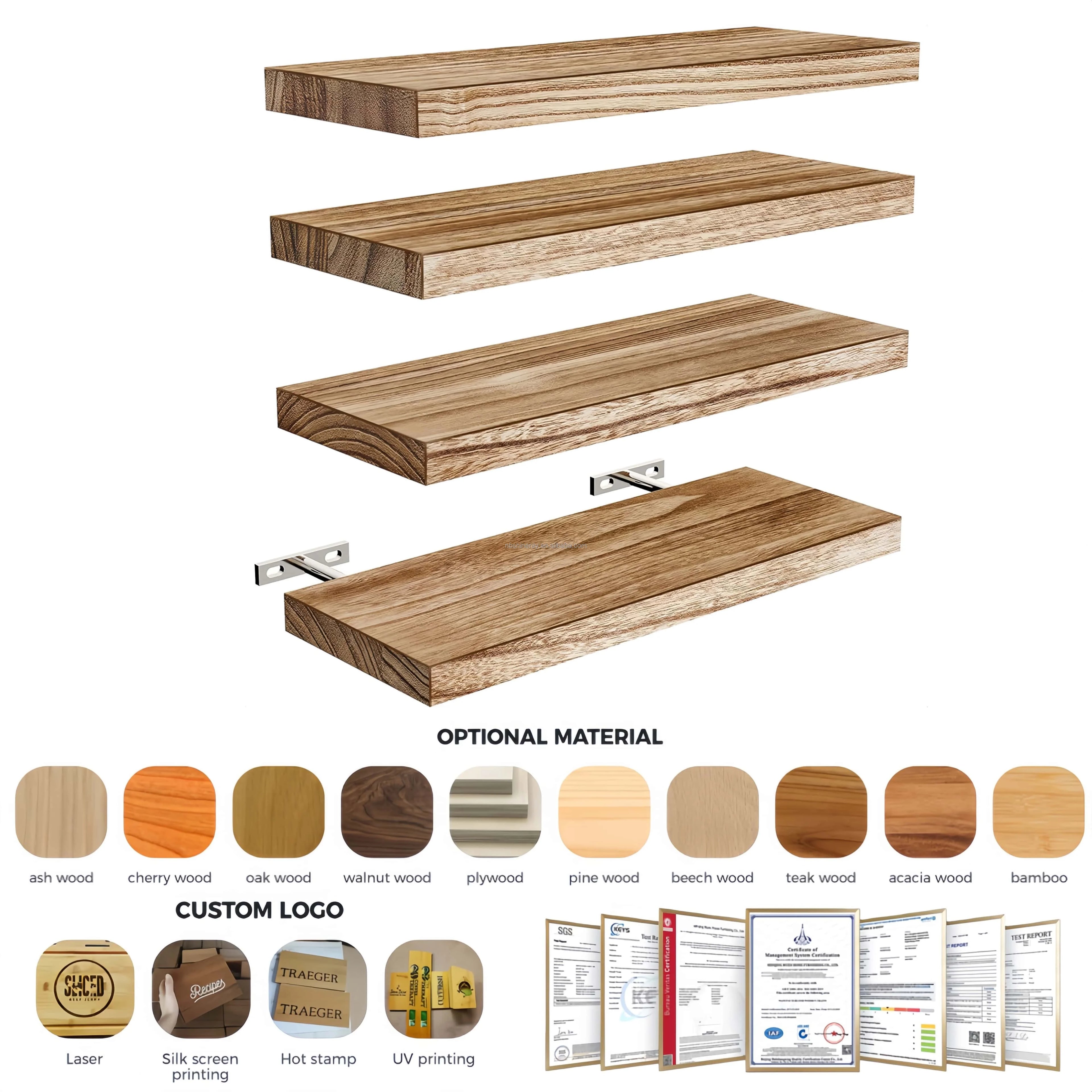 Four Layer Steel Solid Wood Wall Decorative Rectangle Wall Mounted Floating Shelves for Kitchen Bathroom Storage