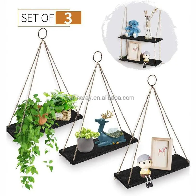 3 Tier Wood Hanging Shelves Wall Boho Decor Swing Rope Floating Shelf Wall Display Shelving Home Organizer Rack for Bedroom