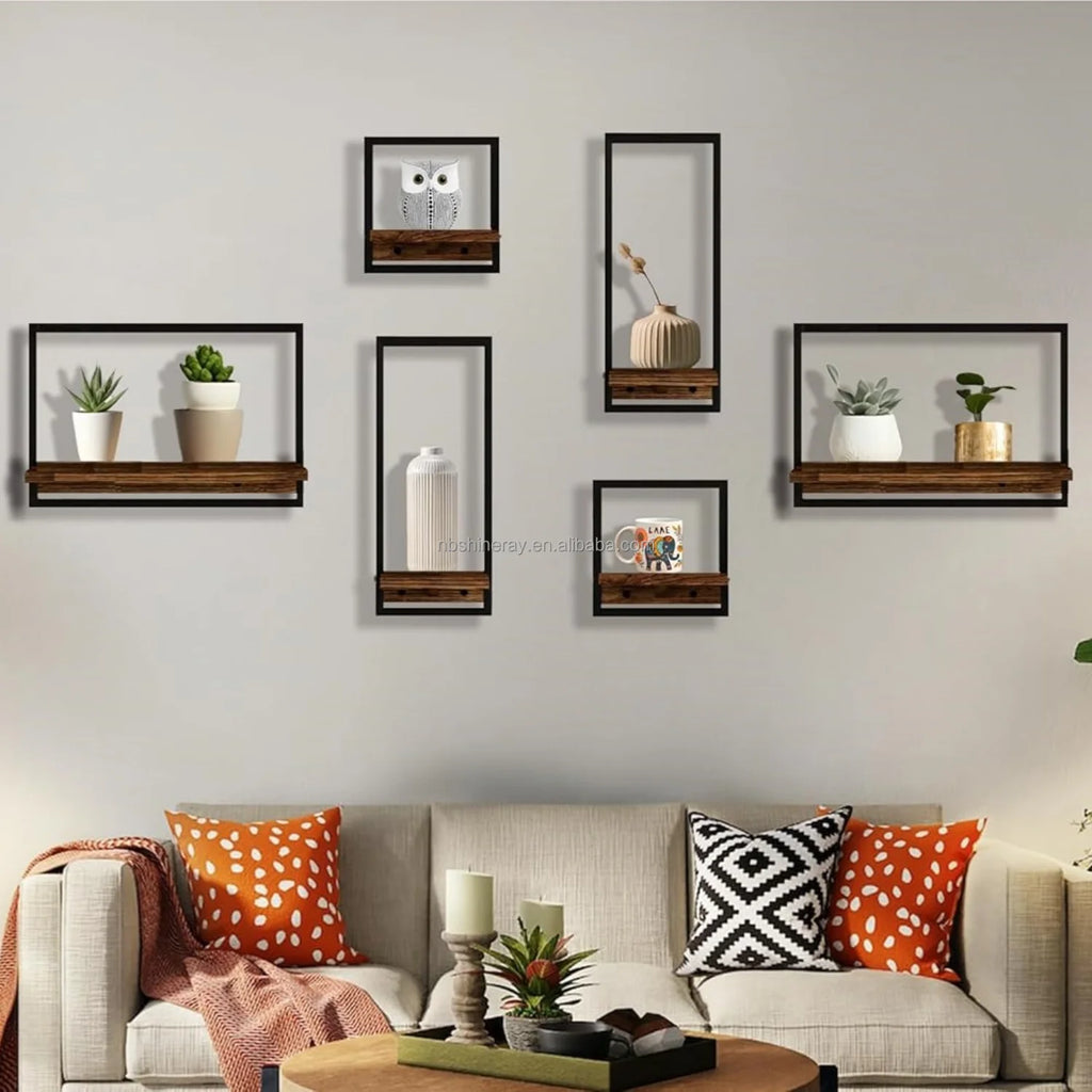 Industrial Wooden Storage Shelf Metal Frame Wall-Mounted Three-layer Bathroom Floating Shelves with Display Decor