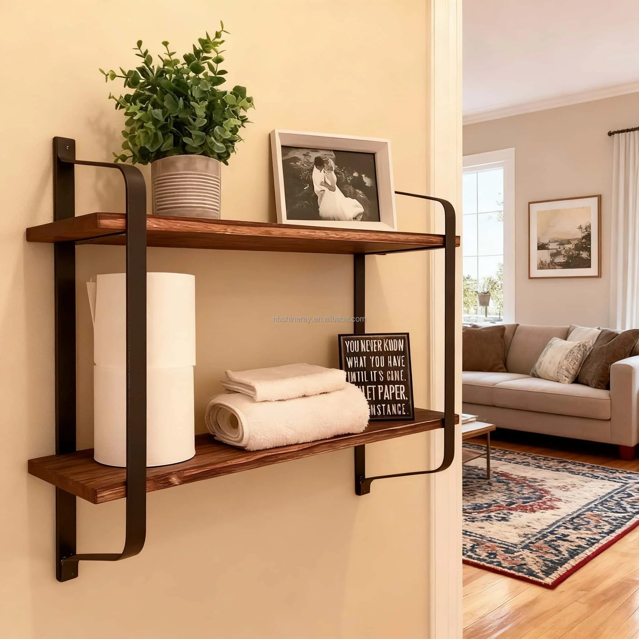 2 Tier Wall Mounted Steel & Wood Storage Shelves Industrial Design Coated Finish Floating Shelves for Bathroom Toiletries Decor