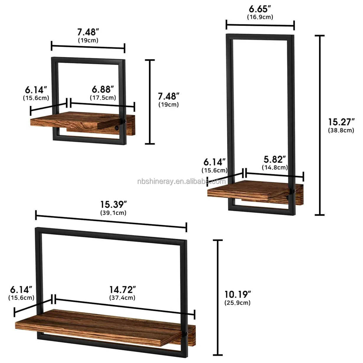 Industrial Wooden Storage Shelf Metal Frame Wall-Mounted Three-layer Bathroom Floating Shelves with Display Decor