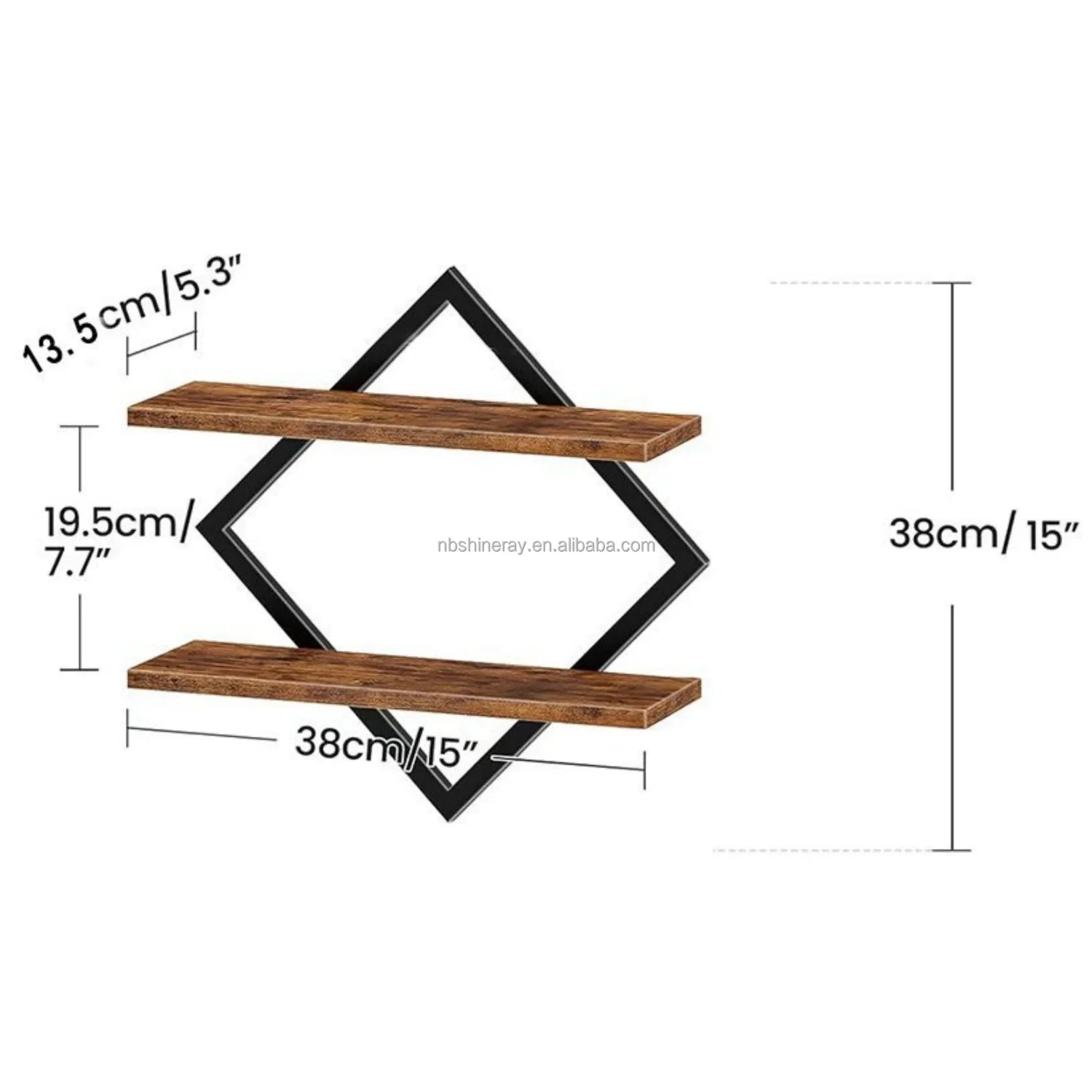 Rectangle Shape Steel + Wood Wall Shelf Bookshelf 2-Tier Hanging Shelves 15 Inch Wall Mounted Floating Shelves Bathroom Living