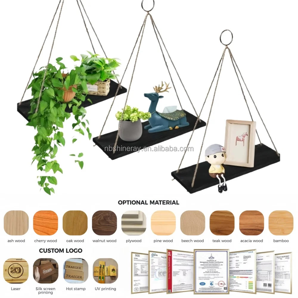 3 Tier Wood Hanging Shelves Wall Boho Decor Swing Rope Floating Shelf Wall Display Shelving Home Organizer Rack for Bedroom